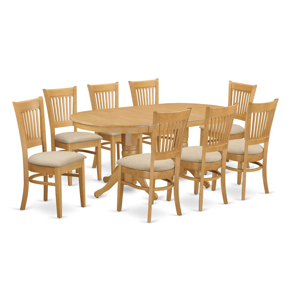 VANC9-JHI-3 9-Piece Dining Ensemble Oval Table with Extension and 8 Upholstered Chairs, Oak 40x76