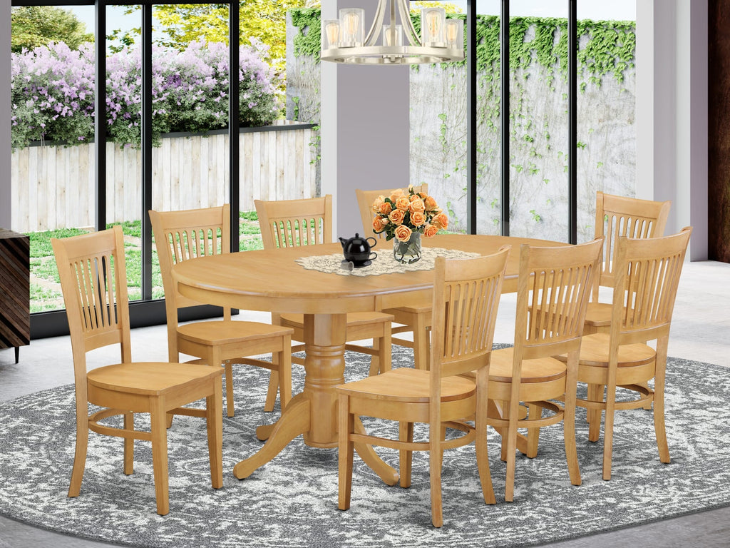 VANC9-DT6-F Elegant 9-Piece Dining Ensemble with Butterfly Leaf Oval Table & 8 Chairs, 40x76 Oak Finish