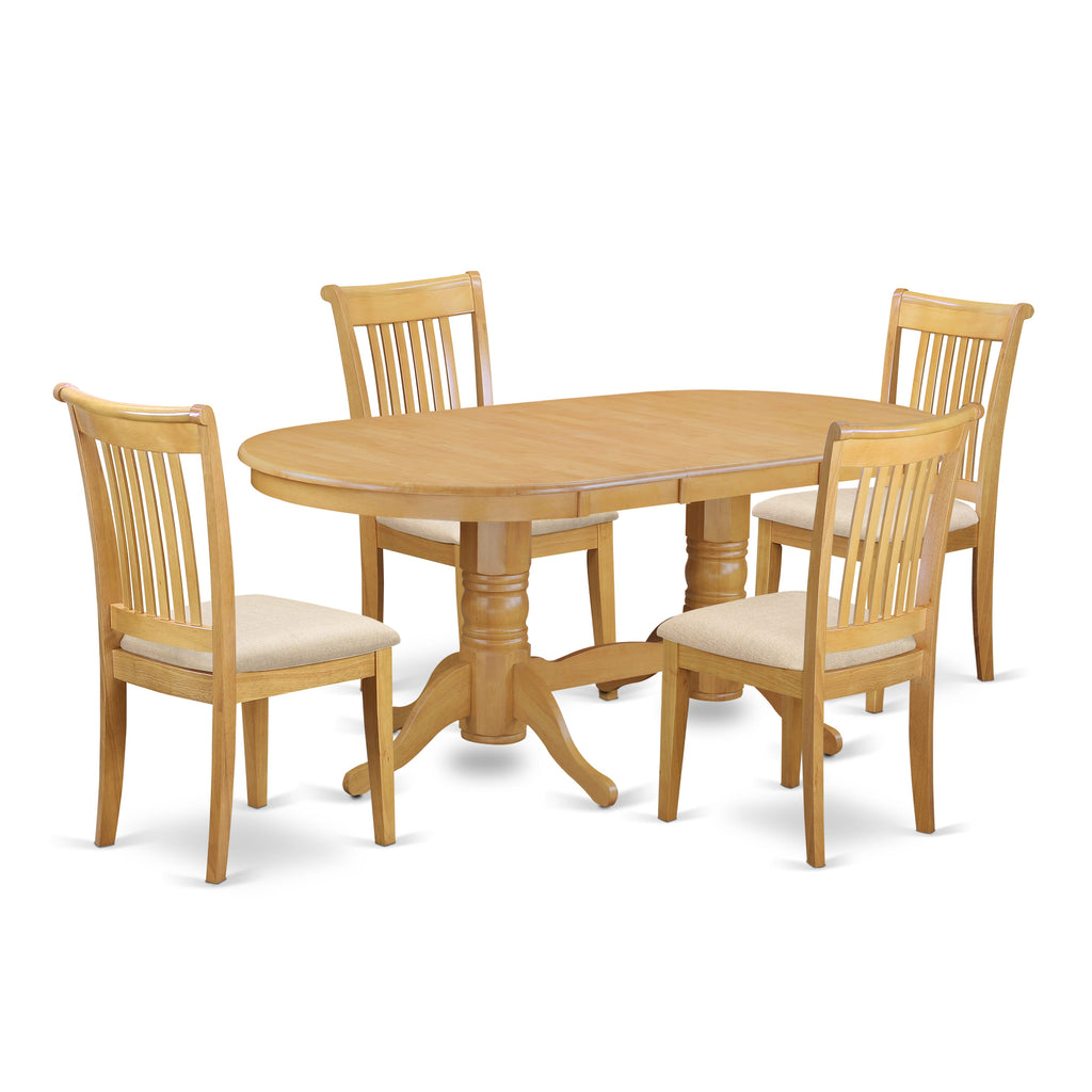 VAPO5-1E6-K 5-Piece Dining Set with Oval Table and Leaf, Includes 4 Chairs in Linen, 76 x 40 Oak Finish