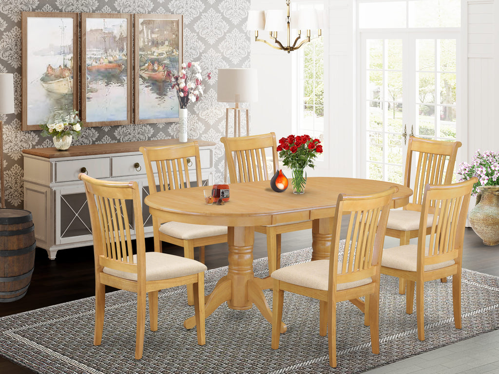 VAPO7-U6Q-C 7-Piece Dining Ensemble with Oval Leaf Table & Six Upholstered Linen Chairs, Wood Finish