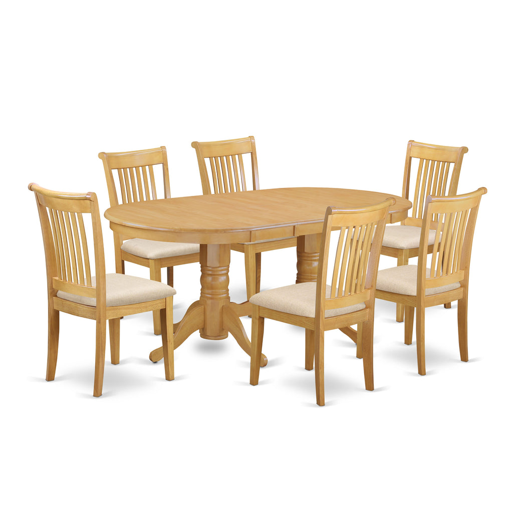 VAPO7-U6Q-C 7-Piece Dining Ensemble with Oval Leaf Table & Six Upholstered Linen Chairs, Wood Finish