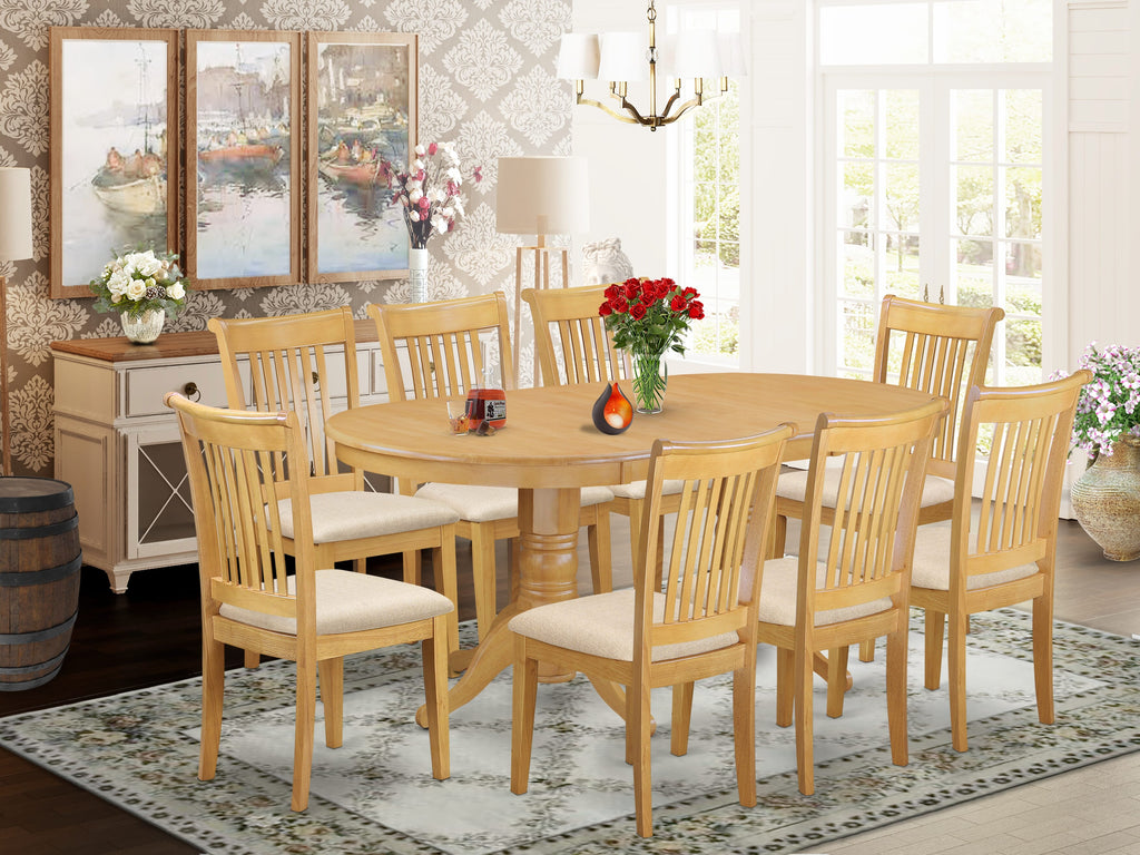 Enhance Dining Space with VAPO9-06A-P Oval Wooden Table & 8 Linen Fabric Chairs Set, Oak Finish, 40x76