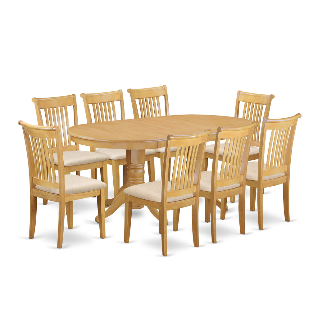 Enhance Dining Space with VAPO9-06A-P Oval Wooden Table & 8 Linen Fabric Chairs Set, Oak Finish, 40x76