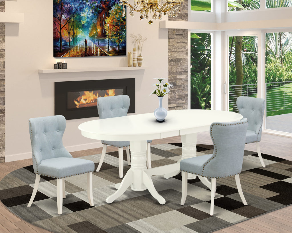 VASI5-N77-V2 5-Piece Dining Collection Oval Table with Butterfly Extension & 4 Upholstered Chairs in Light Blue