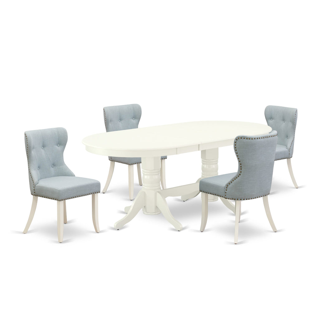 VASI5-N77-V2 5-Piece Dining Collection Oval Table with Butterfly Extension & 4 Upholstered Chairs in Light Blue