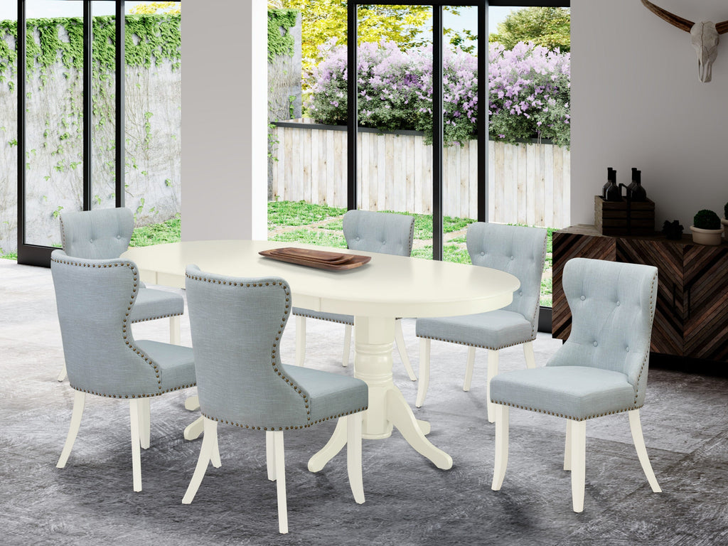 VASI7-GBT-SB Oval Dining Ensemble 7-Piece Set with Butterfly Leaf and Parsons Chairs in Blue Linen, 76-Inch, Elegant Finish