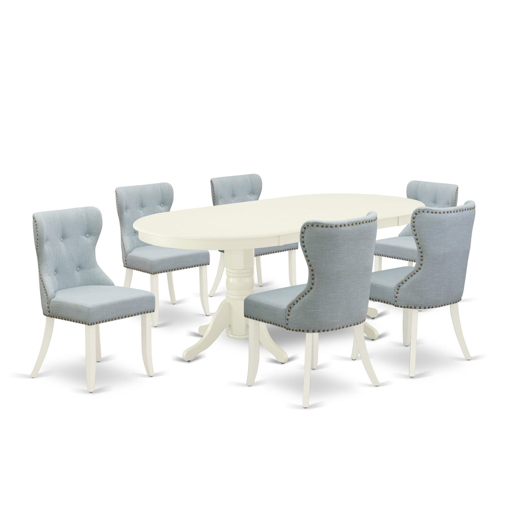 VASI7-GBT-SB Oval Dining Ensemble 7-Piece Set with Butterfly Leaf and Parsons Chairs in Blue Linen, 76-Inch, Elegant Finish