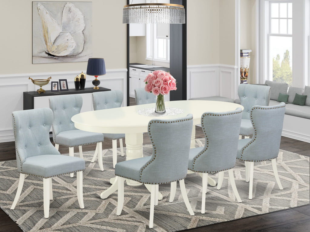 VASI9-BW8-0E Elegant 9-Piece Dining Ensemble with Expandable Table & 8 Linen Chairs in Serene Sky Blue, 40x76, White