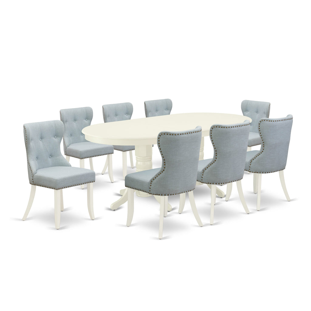 VASI9-BW8-0E Elegant 9-Piece Dining Ensemble with Expandable Table & 8 Linen Chairs in Serene Sky Blue, 40x76, White