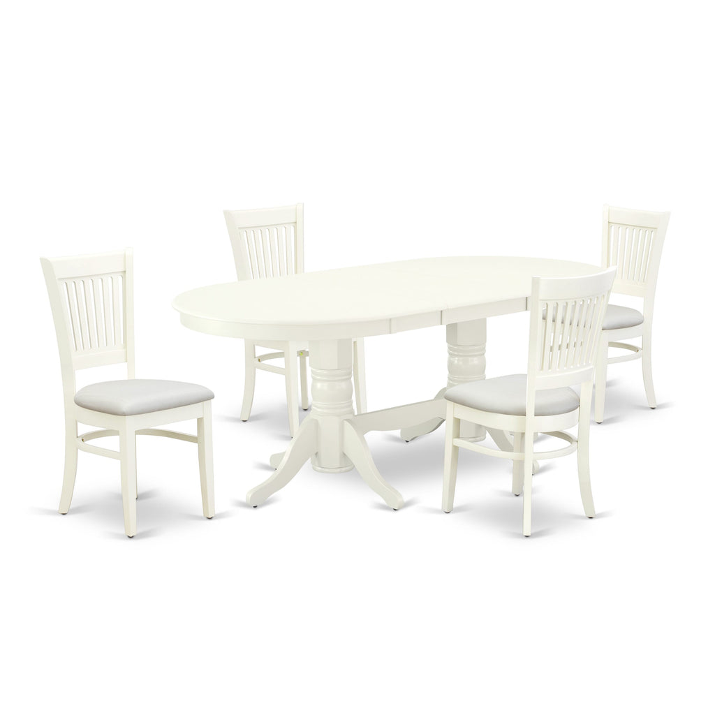VAVA5-IA8-C 5-Piece Dining Collection Oval Table with Butterfly Extension and 4 Elegant Chairs, Linen White Finish