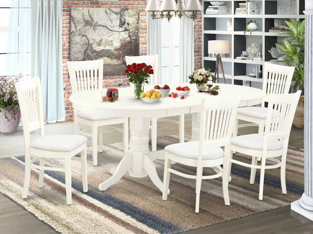 VAVA7-HD4-B Elegant 7 Piece Dining Ensemble with Oval Table and Butterfly Extension, 6 Upholstered Chairs in Linen White, 40x76