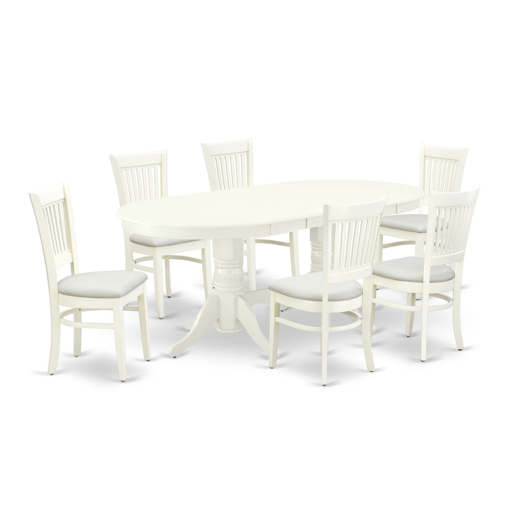 VAVA7-HD4-B Elegant 7 Piece Dining Ensemble with Oval Table and Butterfly Extension, 6 Upholstered Chairs in Linen White, 40x76