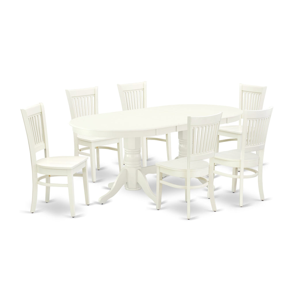 VAVA7-XL0-K 7-Piece Dining Ensemble With Oval Table & Butterfly Leaf, Seats 6, 40x76 Inch - Linen White