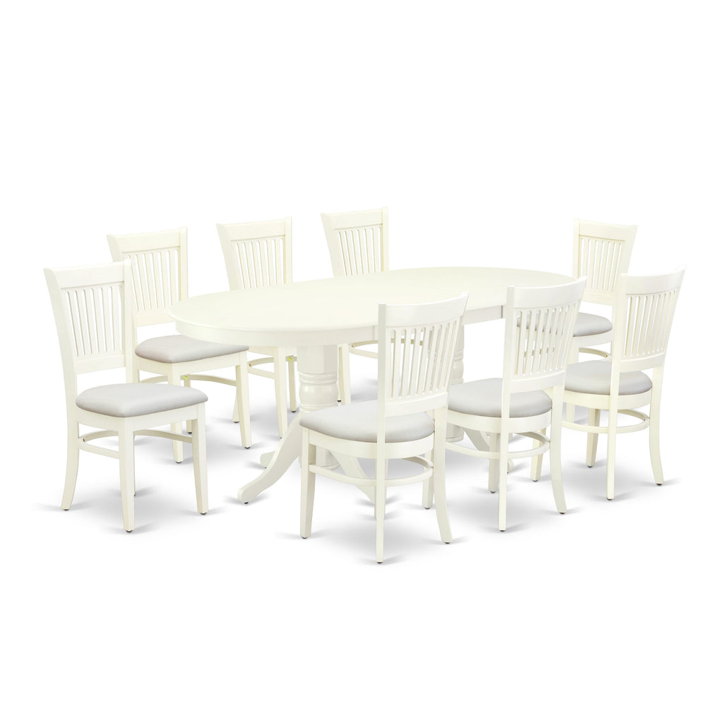 VAVA9-NMP-7 9-Piece Oval Table Set with Leaf & 8 Fabric Chairs, 76 Inch, Linen White Finish