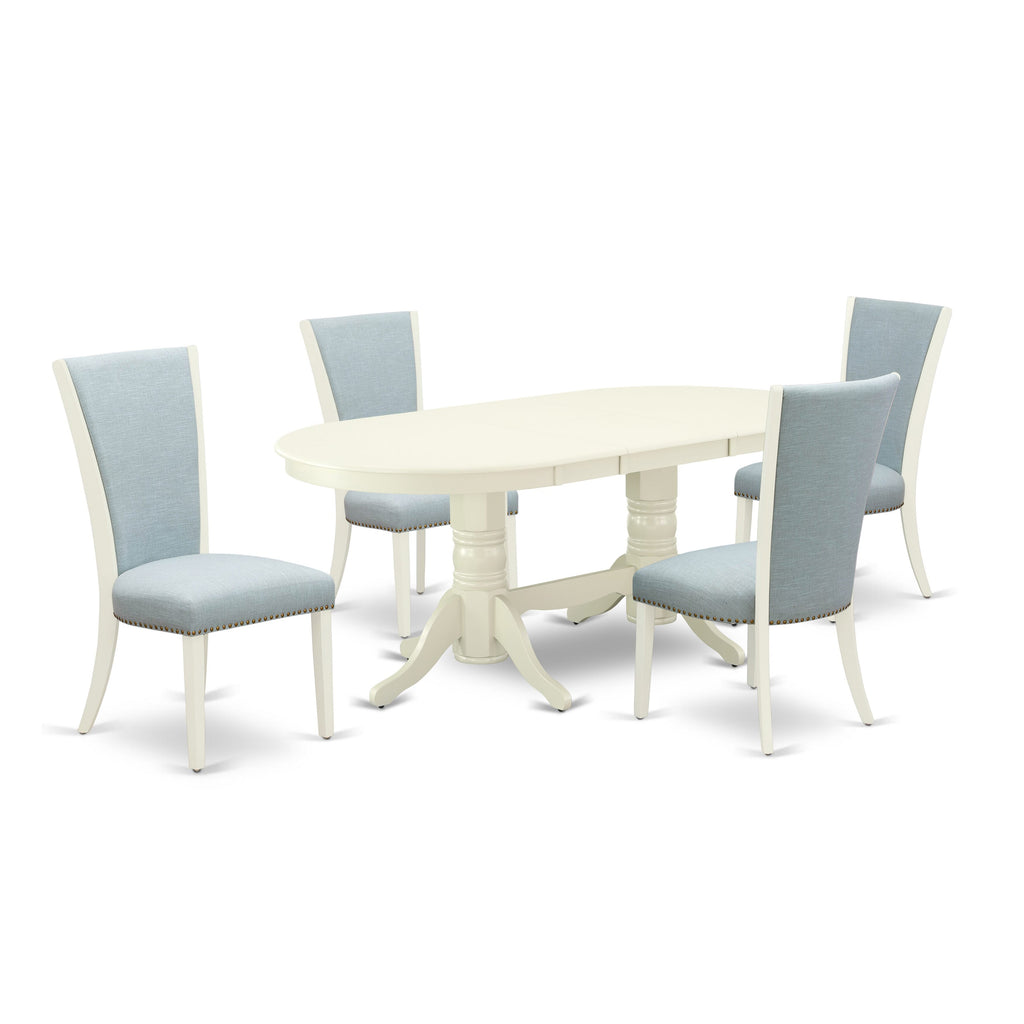 VAVE5-IFW-VS Compact 5-Piece Dining Set with Oval Extendable Table and 4 Soft Blue Upholstered Chairs, 40x76 In, White Finish