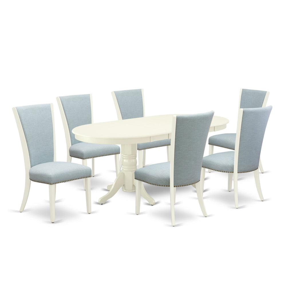 VAVE7-XIS-VK 7-Piece Dining Ensemble Oval Table with Butterfly Leaf & 6 Baby Blue Linen Chairs, 40x76 Linen White