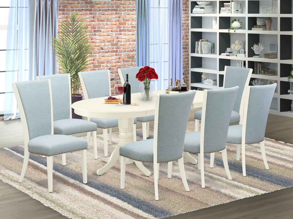 VAVE9-1TK-QF 9-Piece Dining Collection with Oval Extendable Table and Eight Elegant Baby Blue Chairs, 40x76 Inch, Linen White Finish
