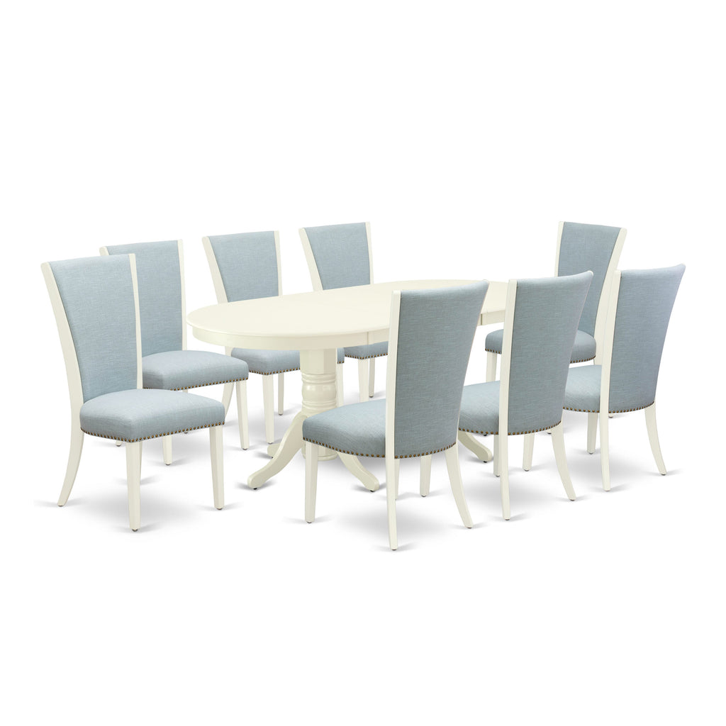 VAVE9-1TK-QF 9-Piece Dining Collection with Oval Extendable Table and Eight Elegant Baby Blue Chairs, 40x76 Inch, Linen White Finish