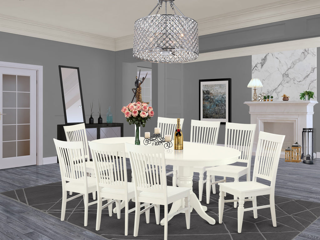 VAWE9-DWP-K 9 Piece Elegant Oval Dining Set in Distinctive Wood Finish with Cushion Chairs