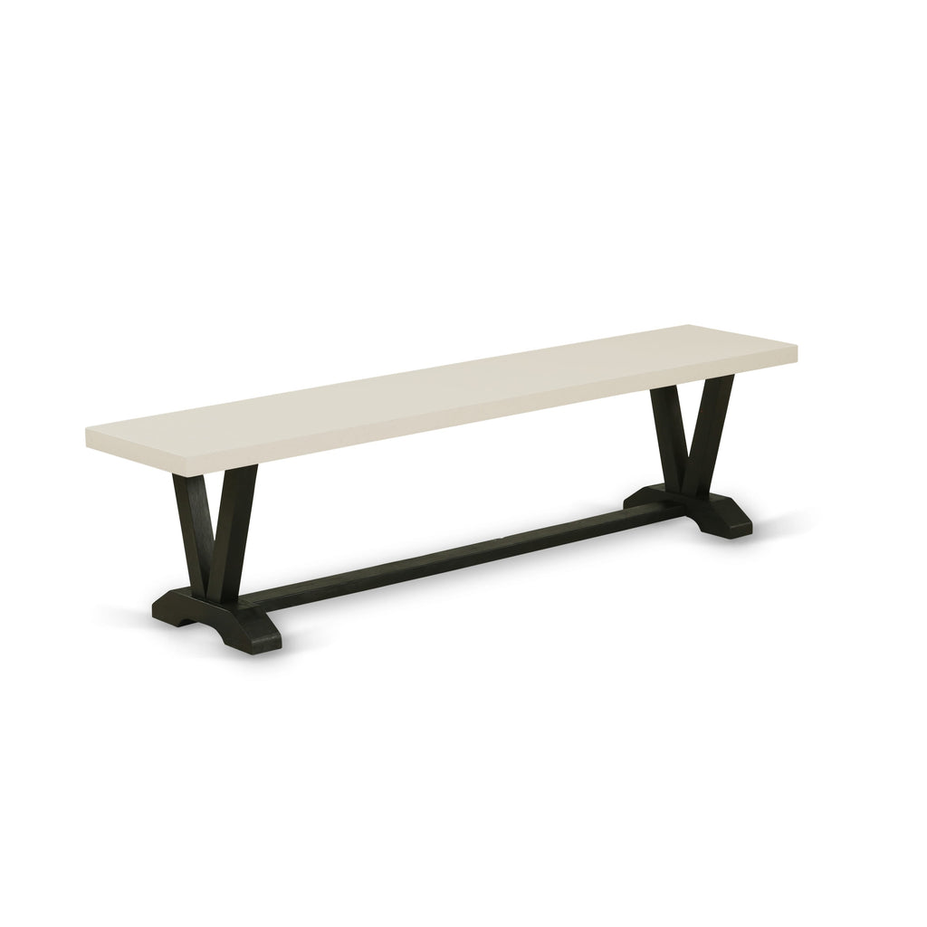 V627XO1QX-V 6-Piece Dining Set White Table & Bench with Black Chairs featuring Linen Fabric in Wire-Brushed Finish