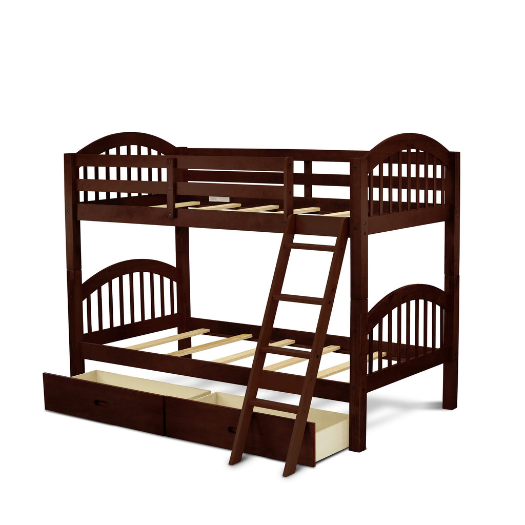 VEB-0N-9D Twin Bunk Bed with Under Drawer in Rich Java Finish for Space-Saving Bedroom Elegance