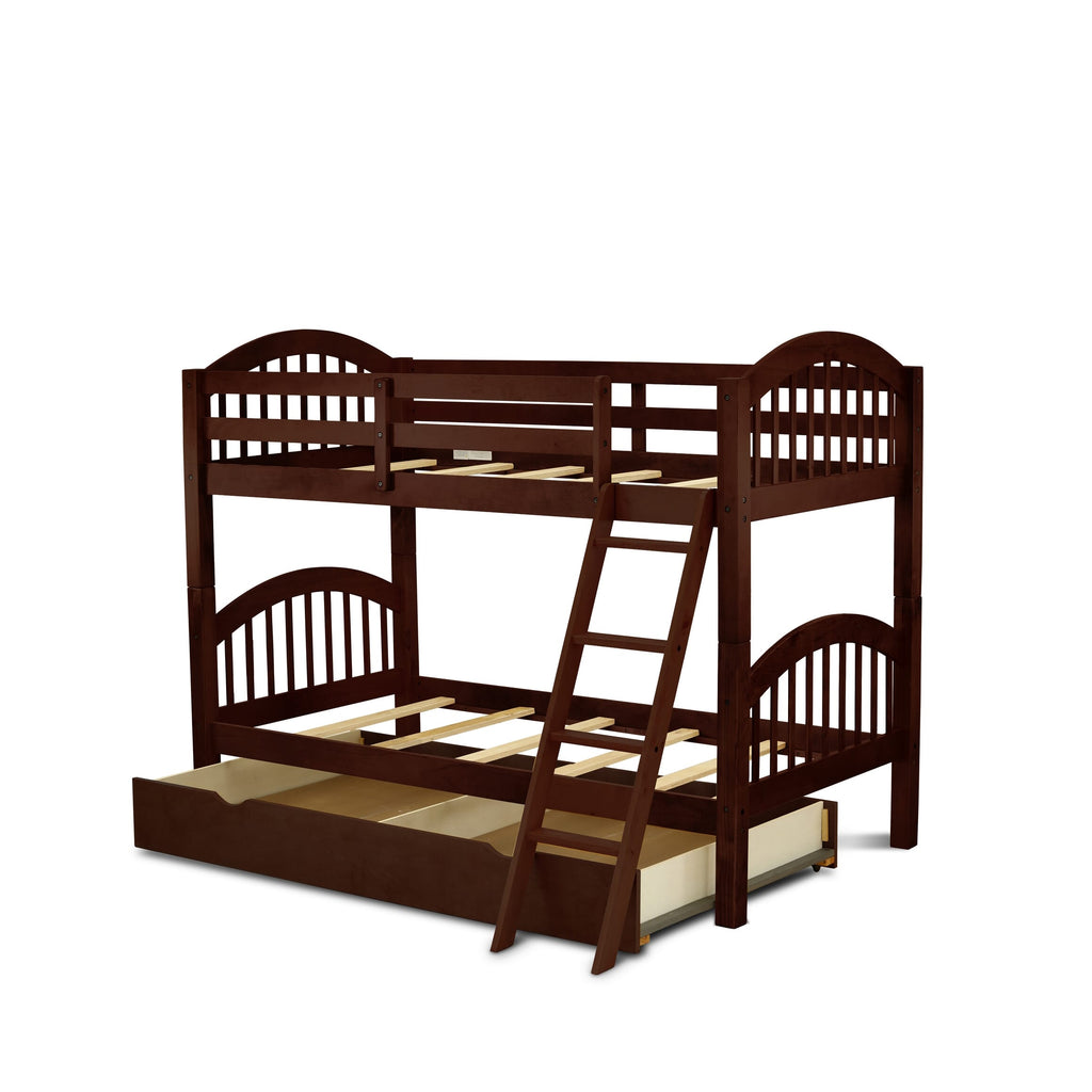 VEB Twin Bunk Bed in Java with Versatile Convertible Trundle and Drawer Storage