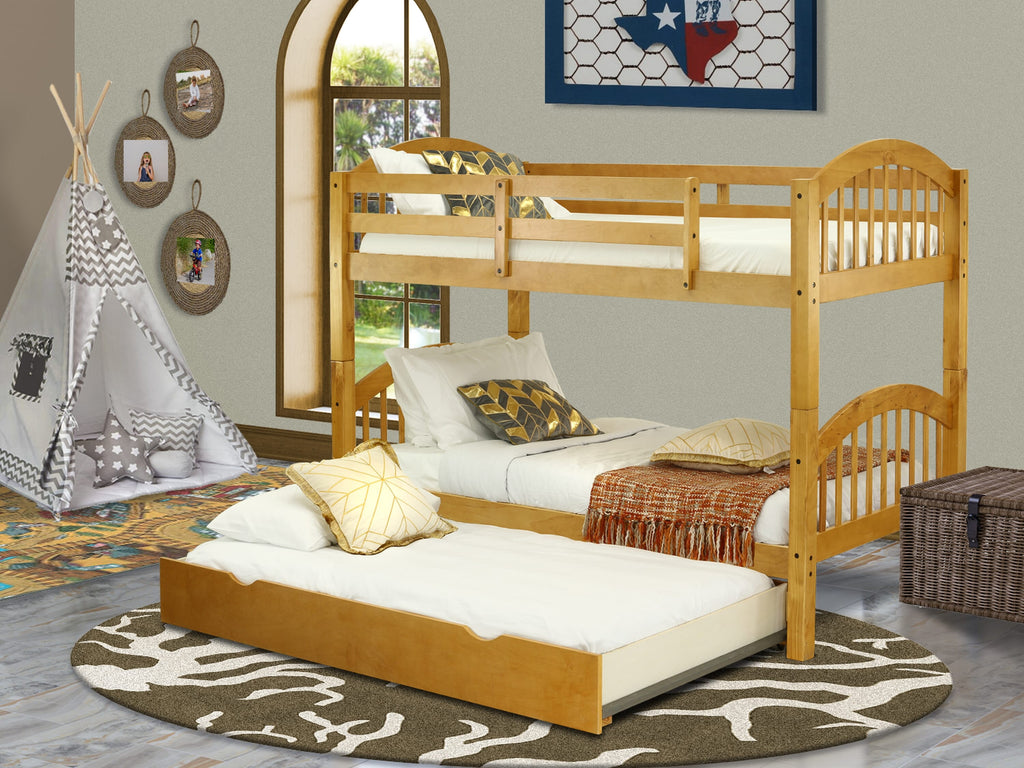VEB-0T-LK Natural Oak Convertible Twin Bunk Bed with Trundle and Drawer Storage System
