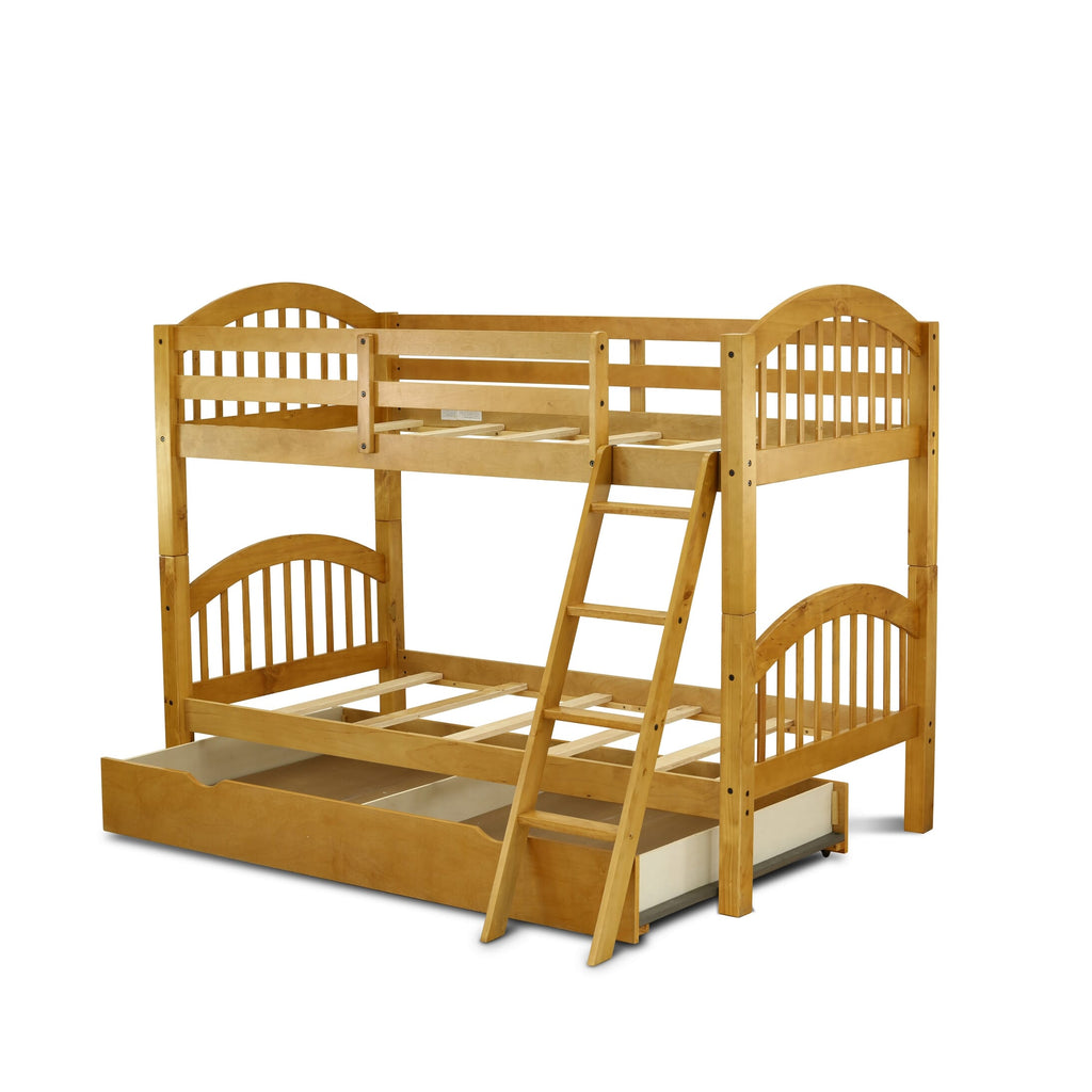 VEB-0T-LK Natural Oak Convertible Twin Bunk Bed with Trundle and Drawer Storage System