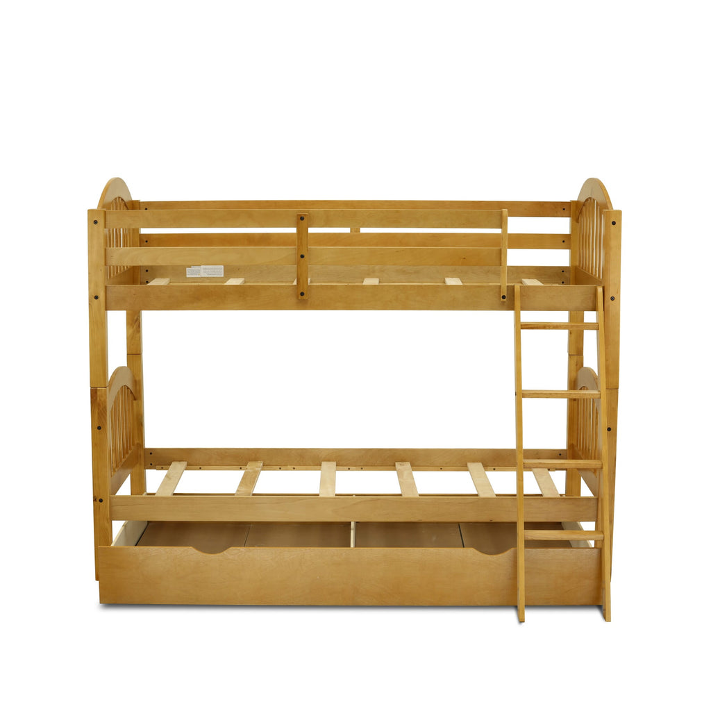VEB-0T-LK Natural Oak Convertible Twin Bunk Bed with Trundle and Drawer Storage System
