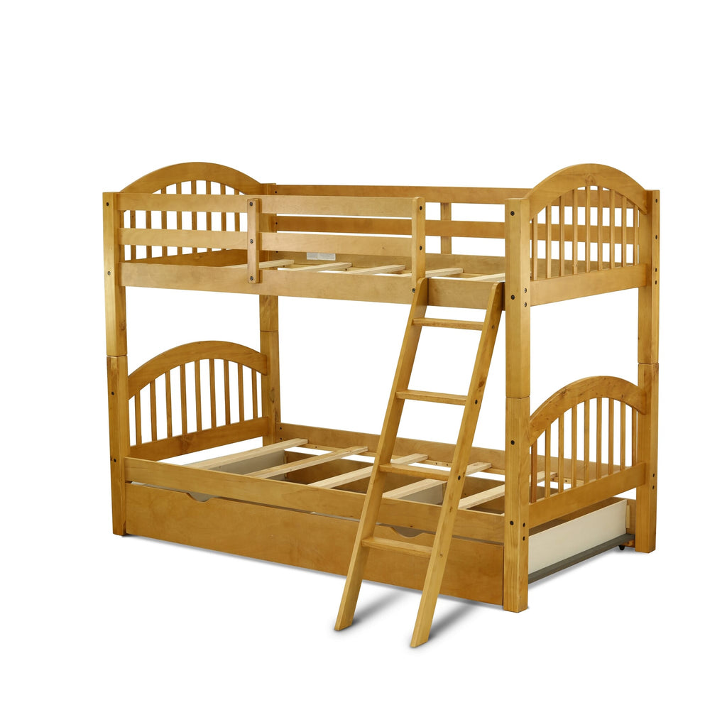 VEB-0T-LK Natural Oak Convertible Twin Bunk Bed with Trundle and Drawer Storage System