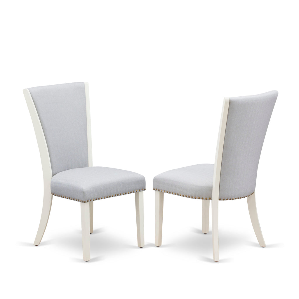 VEP0TJ6 Elegant Grey Padded Dining Chairs with Nail-Head Trim in Wirebrushed Linen White, Set of 2