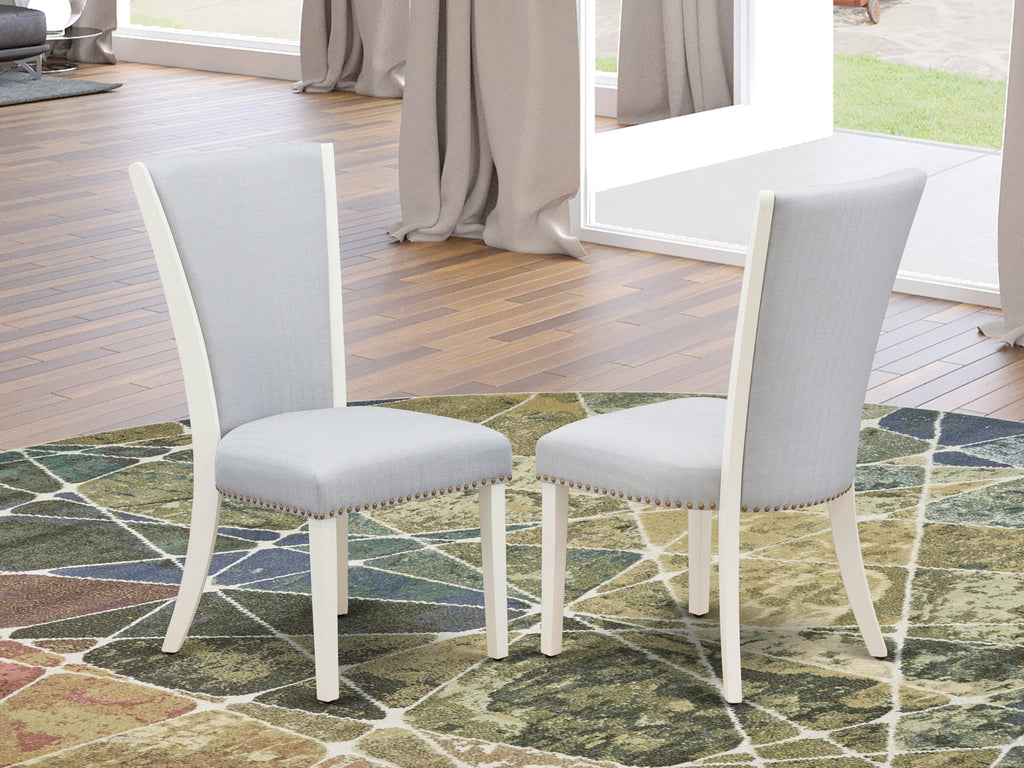 VEP0TJ6 Elegant Grey Padded Dining Chairs with Nail-Head Trim in Wirebrushed Linen White, Set of 2