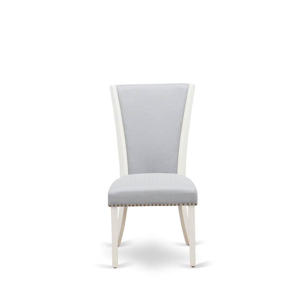 VEP0TJ6 Elegant Grey Padded Dining Chairs with Nail-Head Trim in Wirebrushed Linen White, Set of 2