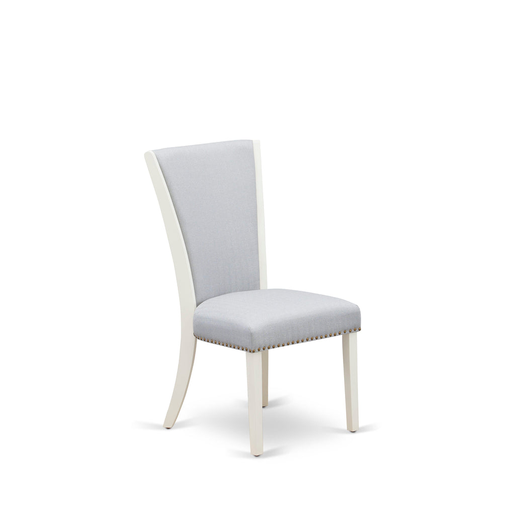 VEP0TJ6 Elegant Grey Padded Dining Chairs with Nail-Head Trim in Wirebrushed Linen White, Set of 2