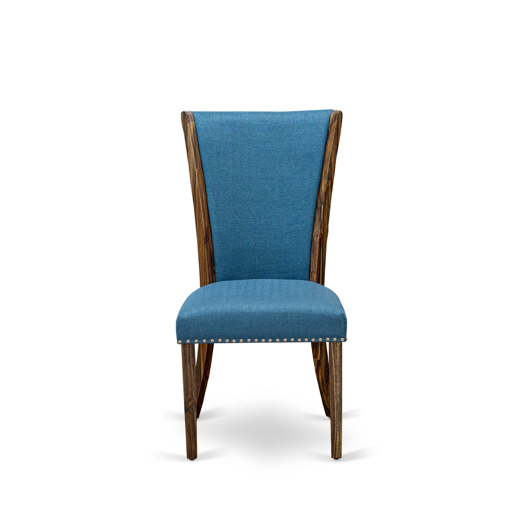 VEP7TBV - Elegant Blue Parson Dining Chairs with Nailhead Trim, Jacobean Finish, Set of 2