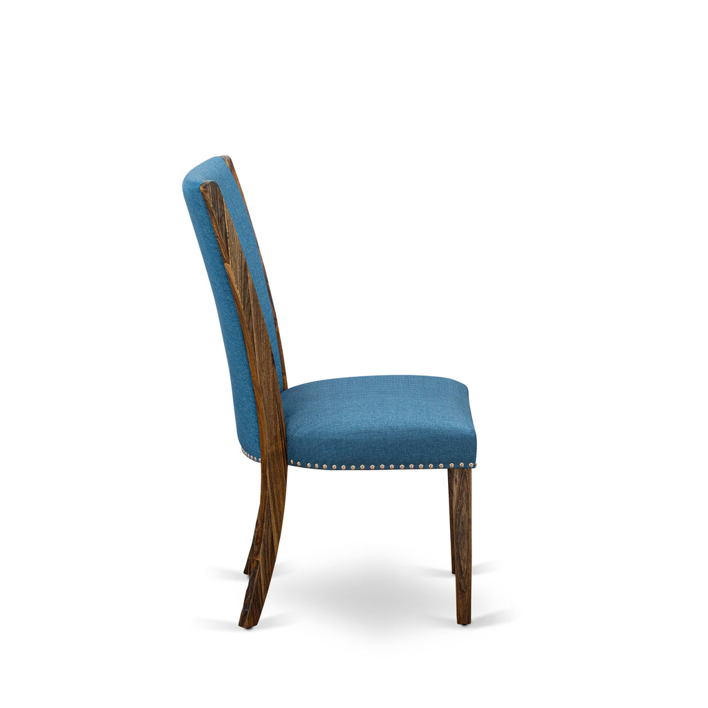 VEP7TBV - Elegant Blue Parson Dining Chairs with Nailhead Trim, Jacobean Finish, Set of 2