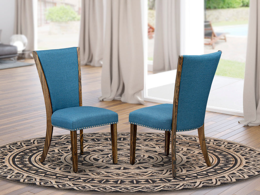 VEP7TBV - Elegant Blue Parson Dining Chairs with Nailhead Trim, Jacobean Finish, Set of 2
