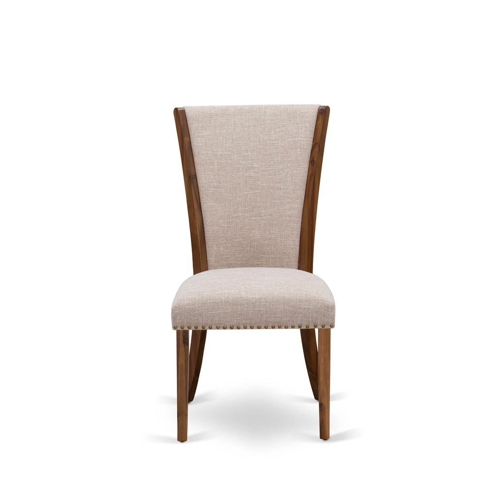 VEP8TKM Stylish Nailhead Trim Parsons Dining Chairs - Light Tan Linen Upholstery, Walnut Finish, Set of 2