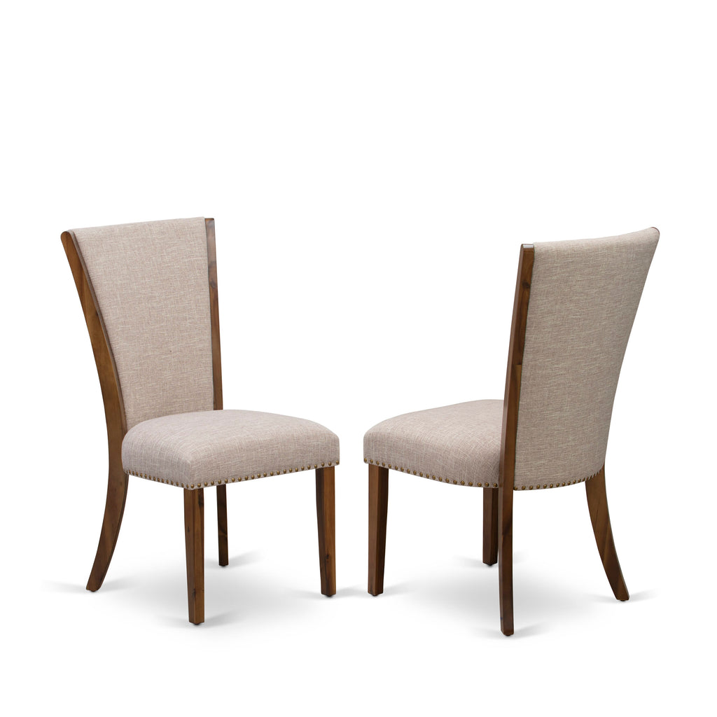 VEP8TKM Stylish Nailhead Trim Parsons Dining Chairs - Light Tan Linen Upholstery, Walnut Finish, Set of 2