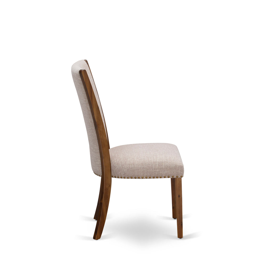 VEP8TKM Stylish Nailhead Trim Parsons Dining Chairs - Light Tan Linen Upholstery, Walnut Finish, Set of 2