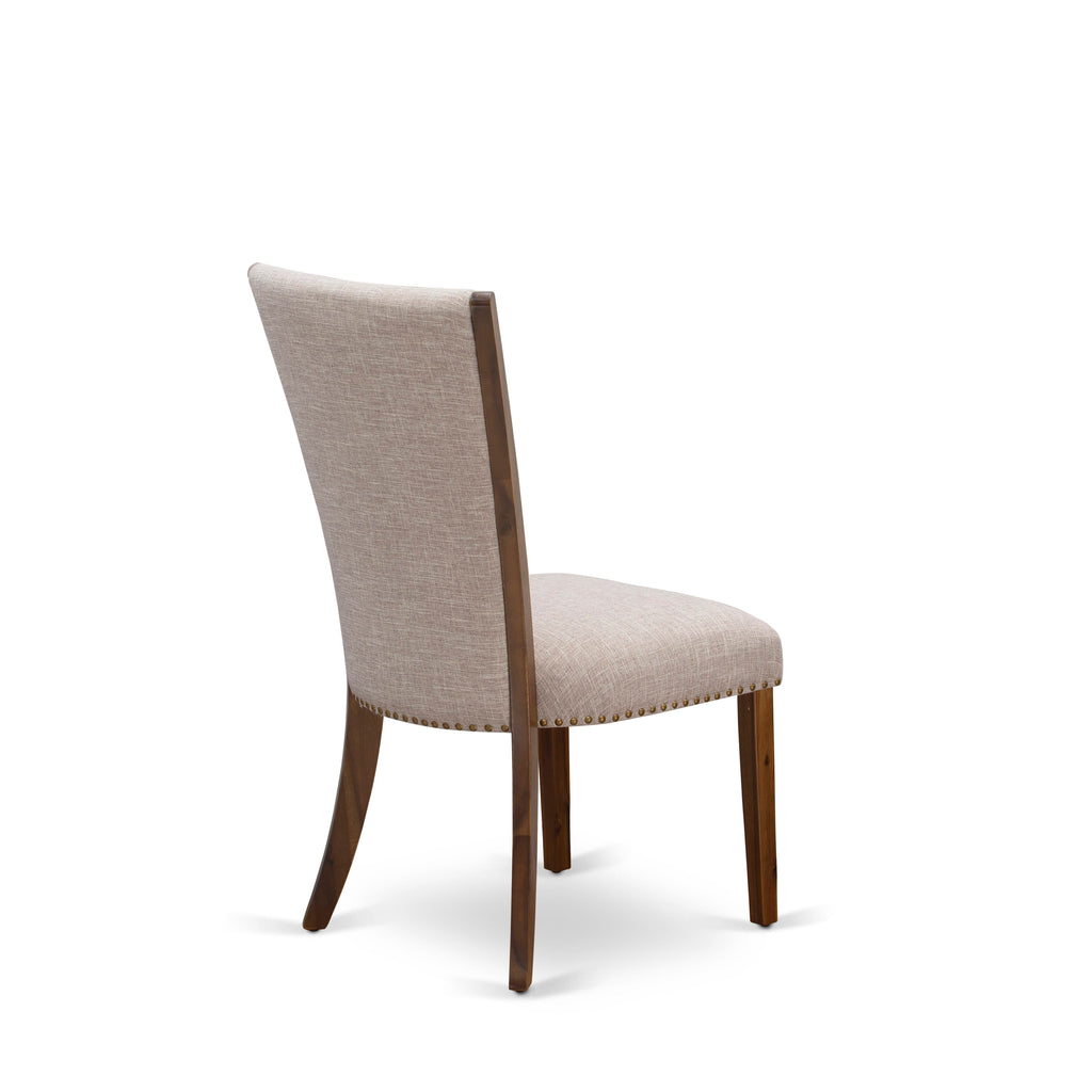 VEP8TKM Stylish Nailhead Trim Parsons Dining Chairs - Light Tan Linen Upholstery, Walnut Finish, Set of 2