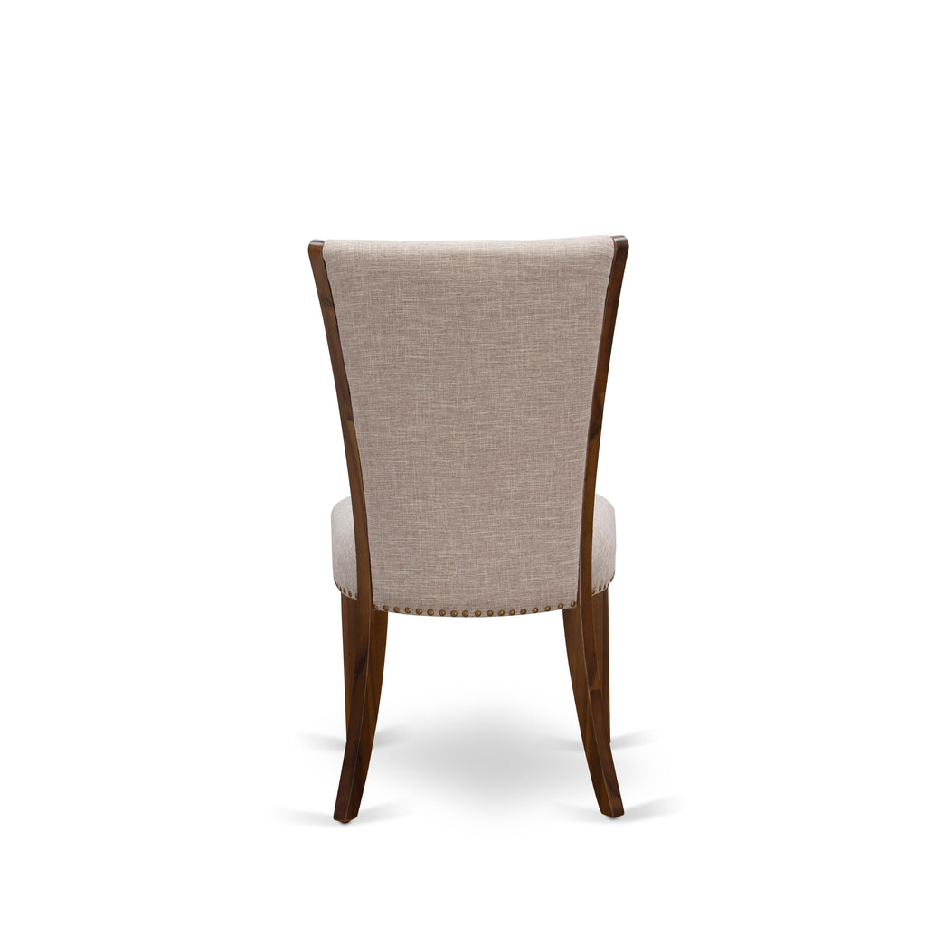 VEP8TKM Stylish Nailhead Trim Parsons Dining Chairs - Light Tan Linen Upholstery, Walnut Finish, Set of 2