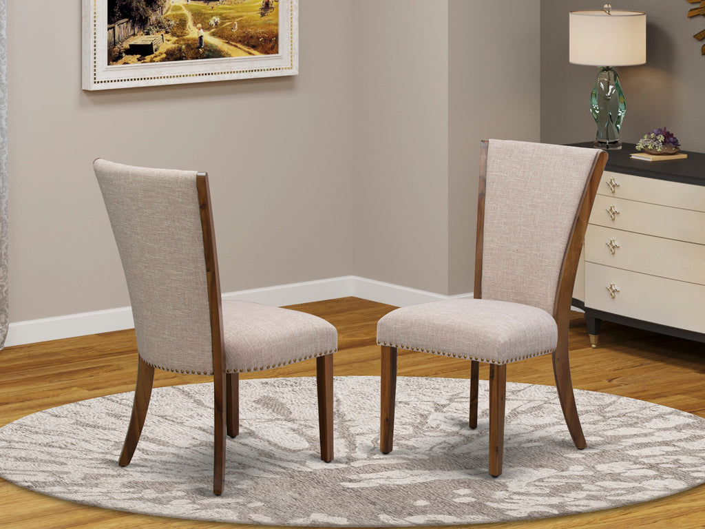 VEP8TKM Stylish Nailhead Trim Parsons Dining Chairs - Light Tan Linen Upholstery, Walnut Finish, Set of 2
