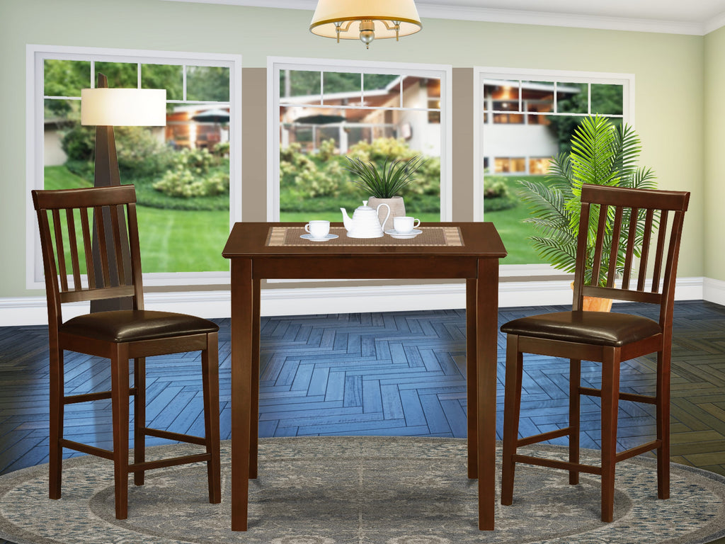 VERN3-I83-04 3 Piece Counter Pub Table Set Square Table & Two Upholstered Leather Seats, Mahogany Finish, 36x36