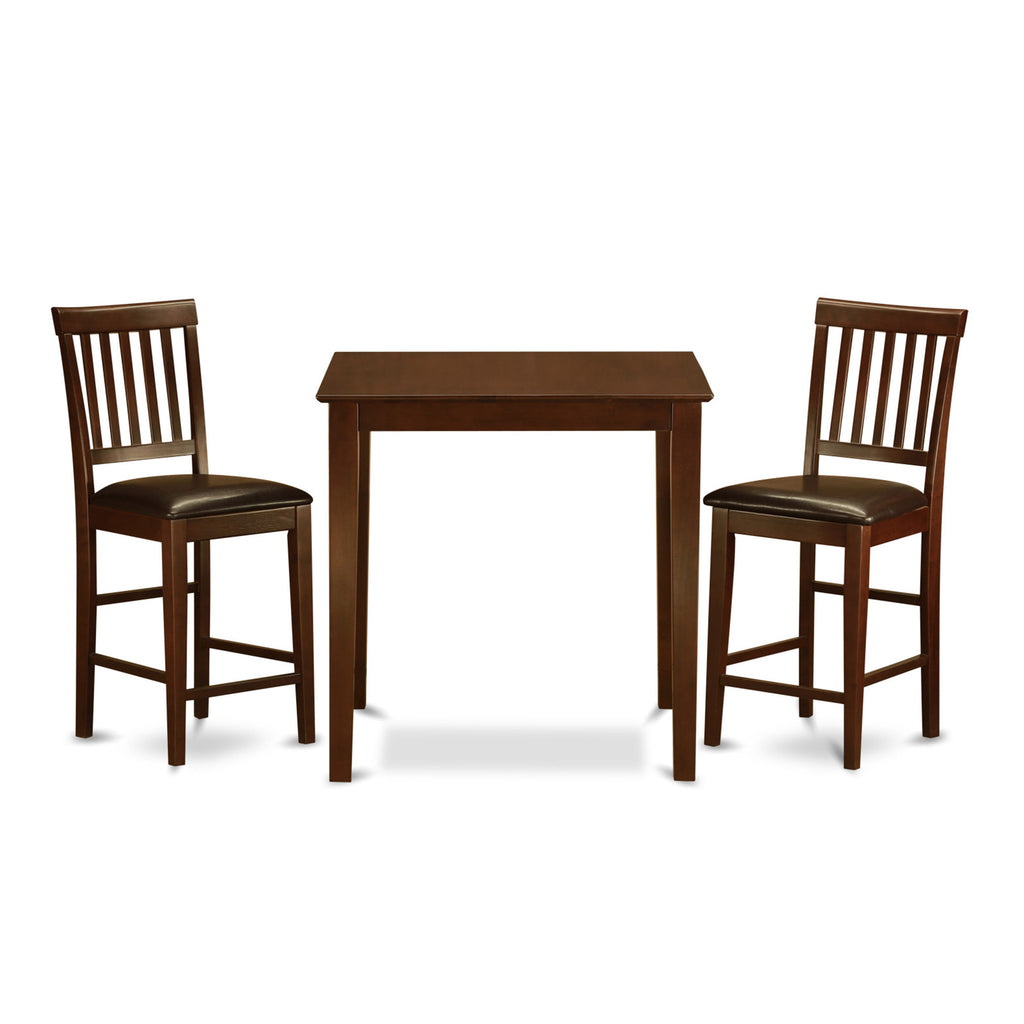 VERN3-I83-04 3 Piece Counter Pub Table Set Square Table & Two Upholstered Leather Seats, Mahogany Finish, 36x36
