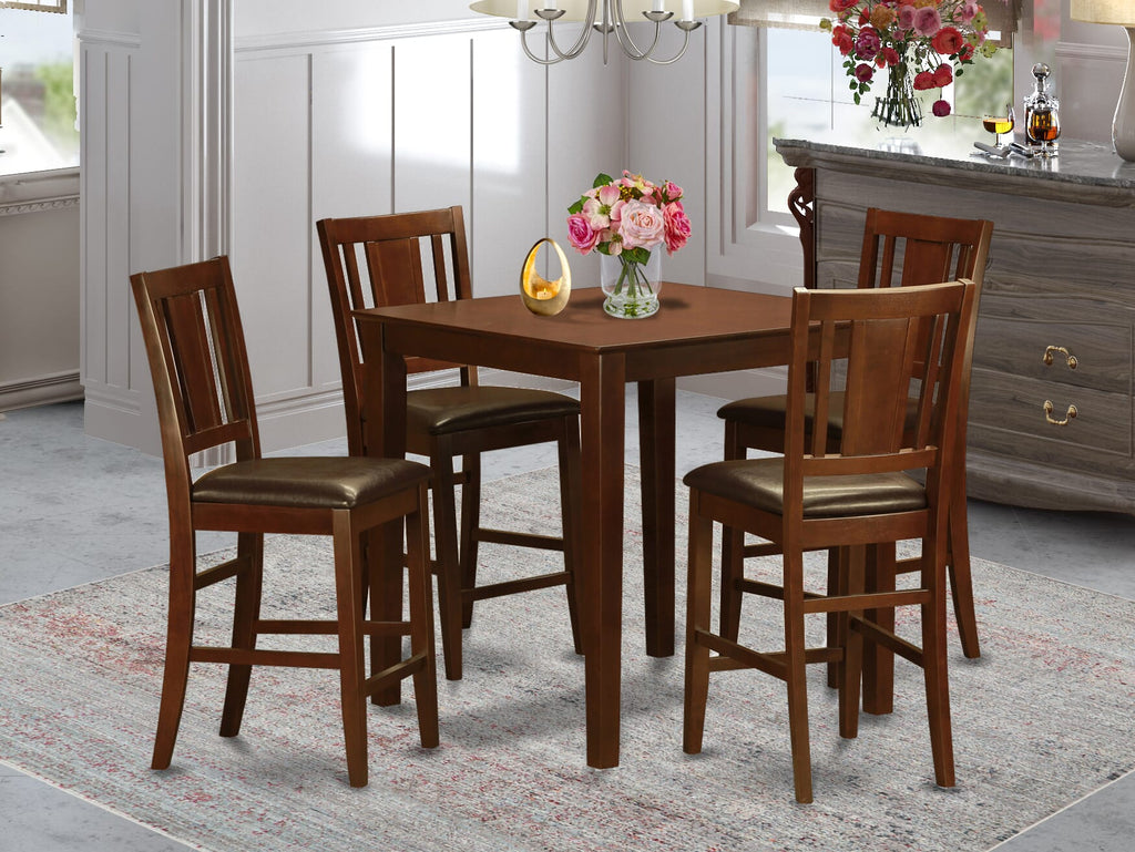 VNBU5-YEB-1U 5-Piece High Table Dining Set Square Table with 4 Leather Look Chairs, Mahogany Finish, 36x36