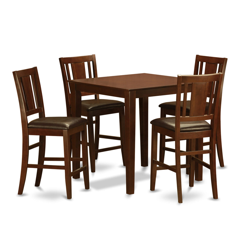 VNBU5-YEB-1U 5-Piece High Table Dining Set Square Table with 4 Leather Look Chairs, Mahogany Finish, 36x36