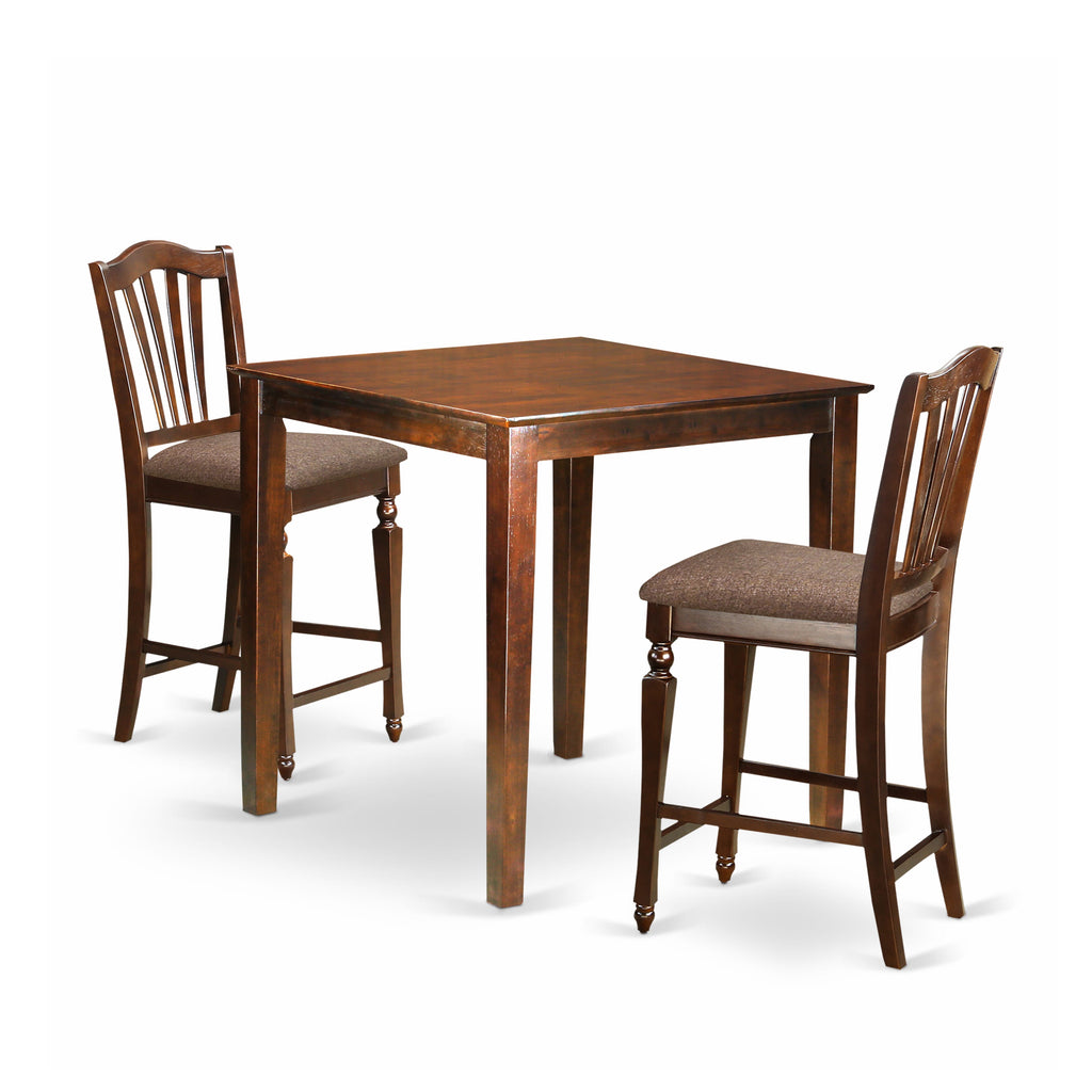 VNCH3-Y8G-V Mahogany 3-Piece Square Pub Table Set with Upholstered Chairs for Kitchen or Bar