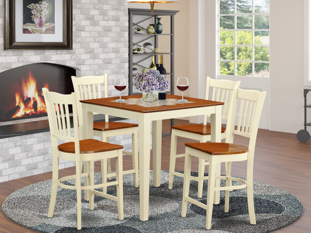 VNGR5-79K-0 5-Piece Counter Dining Collection with Square Table and 4 Chairs, Compact 36x36, Buttermilk Cherry Highlights