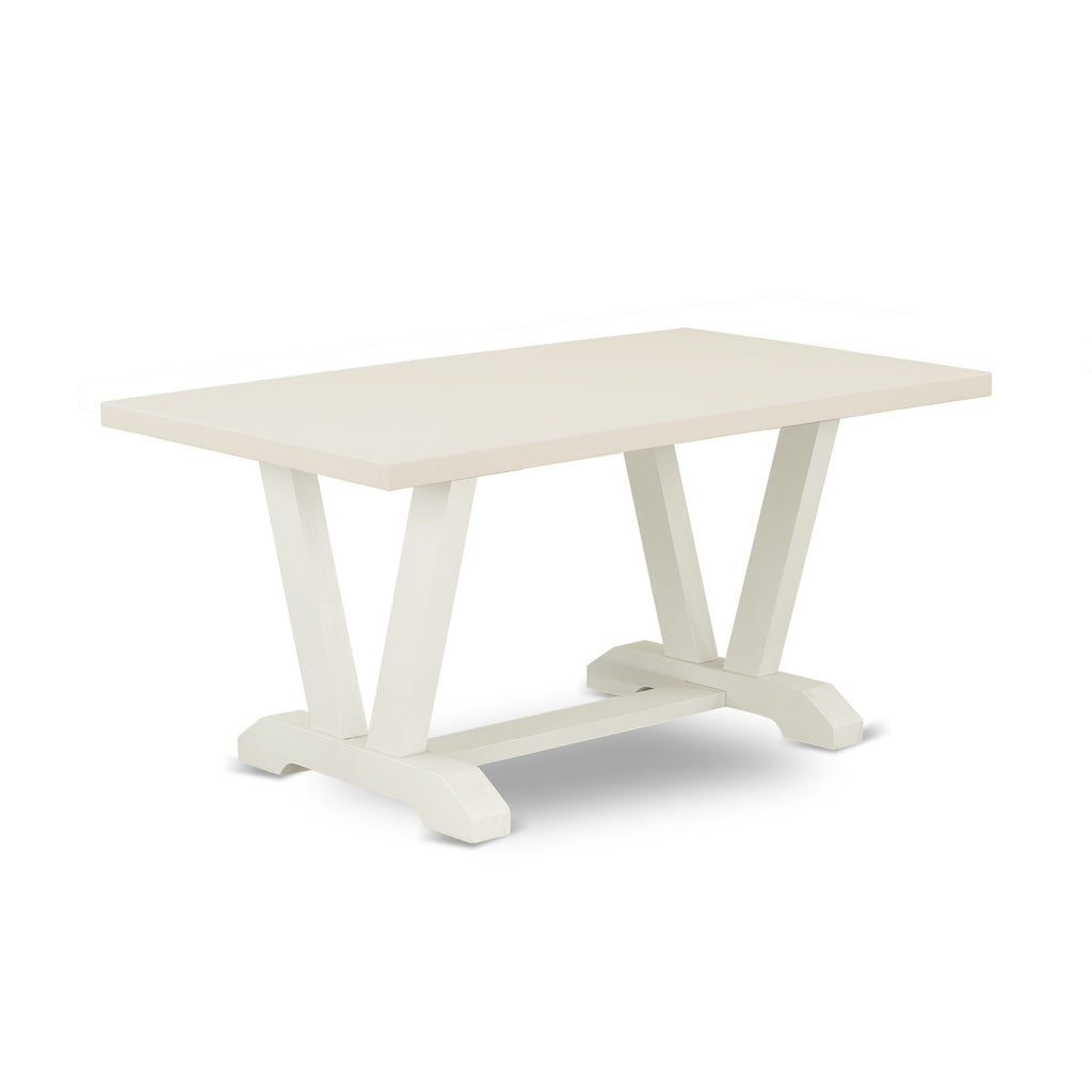 V026GUQZZ-M Elegant 7-Piece Dining Ensemble with Modern V-Leg Table and Plush Linen Seats, Multi-Color